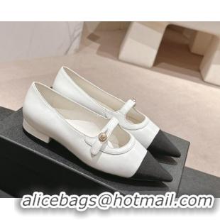 Durable Chanel Calfskin Leather Pointed Mary Janes Ballet Flat White 701126