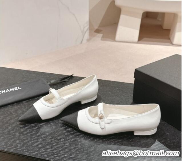 Durable Chanel Calfskin Leather Pointed Mary Janes Ballet Flat White 701126