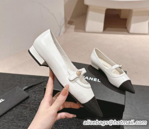 Durable Chanel Calfskin Leather Pointed Mary Janes Ballet Flat White 701126