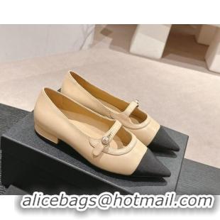 Top Design Chanel Calfskin Leather Pointed Mary Janes Ballet Flat Beige 701127