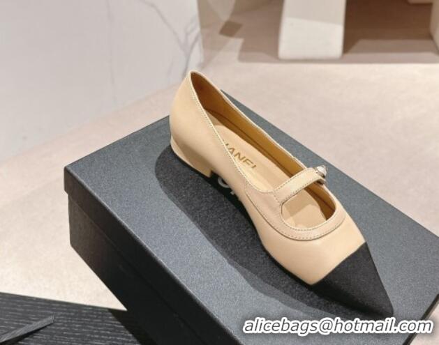 Top Design Chanel Calfskin Leather Pointed Mary Janes Ballet Flat Beige 701127