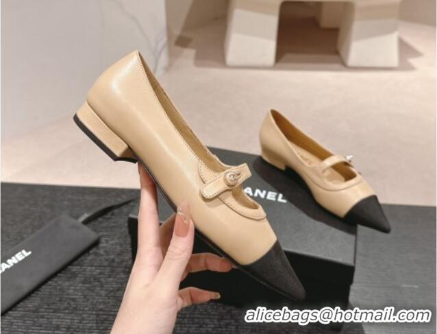 Top Design Chanel Calfskin Leather Pointed Mary Janes Ballet Flat Beige 701127