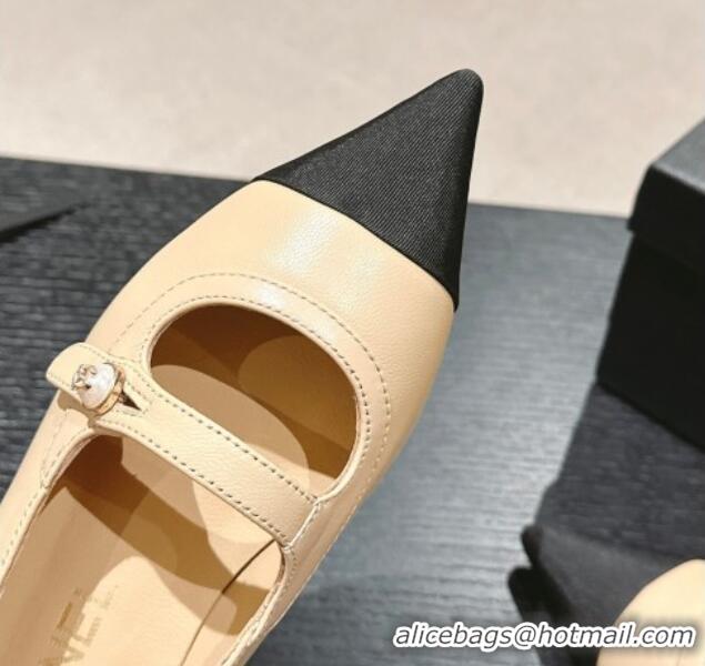 Top Design Chanel Calfskin Leather Pointed Mary Janes Ballet Flat Beige 701127