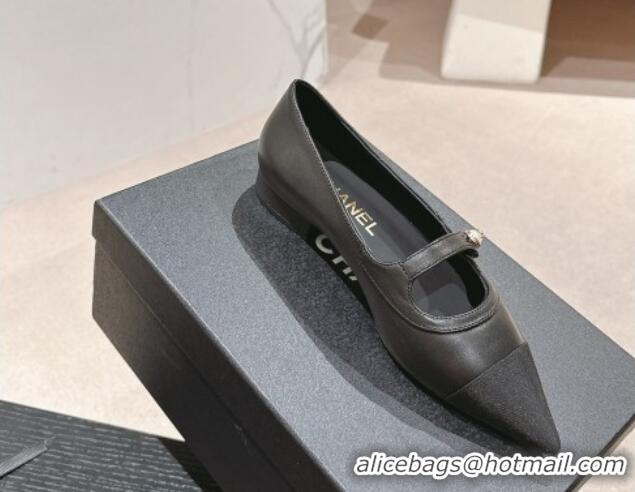 Low Cost Chanel Calfskin Leather Pointed Mary Janes Ballet Flat Black 701128