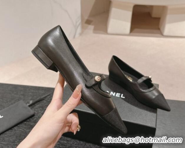 Low Cost Chanel Calfskin Leather Pointed Mary Janes Ballet Flat Black 701128