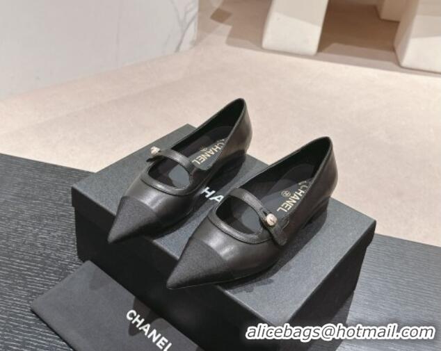 Low Cost Chanel Calfskin Leather Pointed Mary Janes Ballet Flat Black 701128