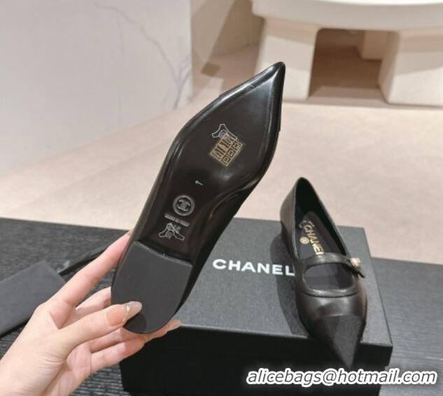 Low Cost Chanel Calfskin Leather Pointed Mary Janes Ballet Flat Black 701128