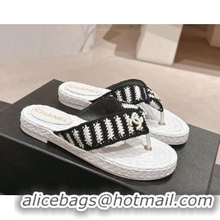 Luxurious Chanel Knit Flat Thong Slides Sandal White/Black 701129