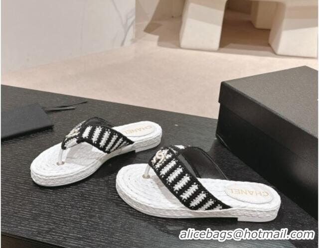 Luxurious Chanel Knit Flat Thong Slides Sandal White/Black 701129