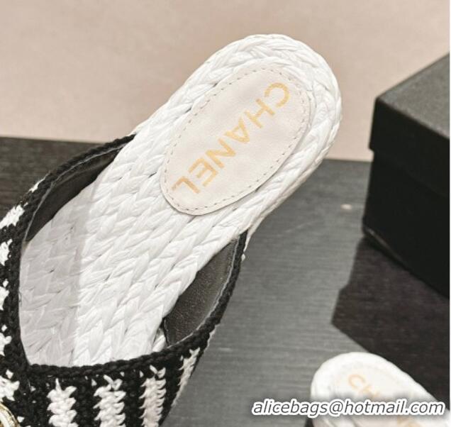 Luxurious Chanel Knit Flat Thong Slides Sandal White/Black 701129