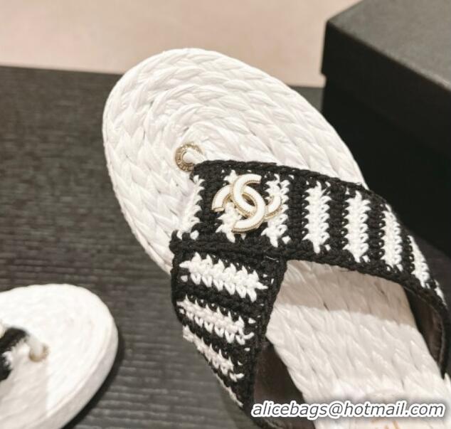 Luxurious Chanel Knit Flat Thong Slides Sandal White/Black 701129