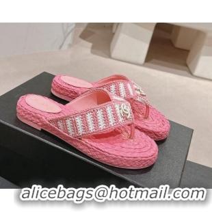 Popular Style Chanel Knit Flat Thong Slides Sandal Pink/White 701130