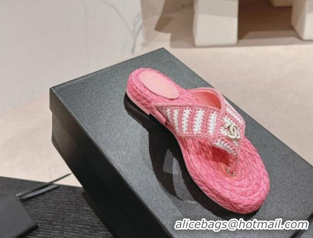 Popular Style Chanel Knit Flat Thong Slides Sandal Pink/White 701130