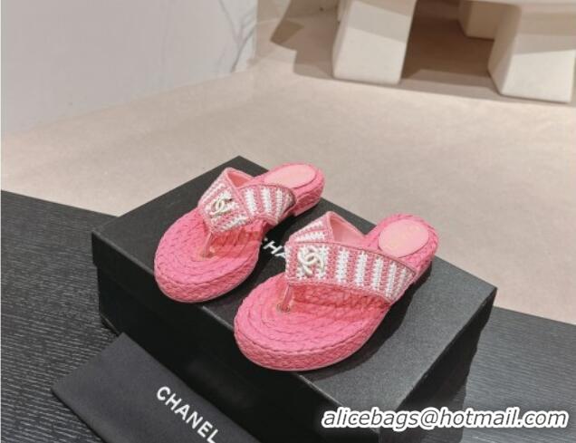 Popular Style Chanel Knit Flat Thong Slides Sandal Pink/White 701130