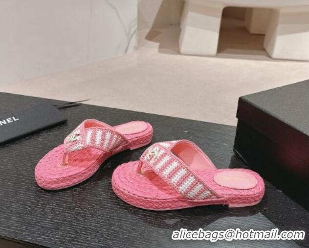 Popular Style Chanel Knit Flat Thong Slides Sandal Pink/White 701130