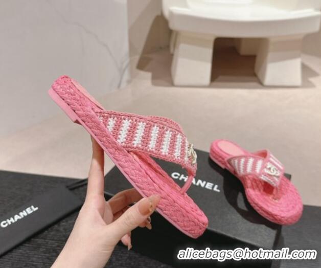 Popular Style Chanel Knit Flat Thong Slides Sandal Pink/White 701130