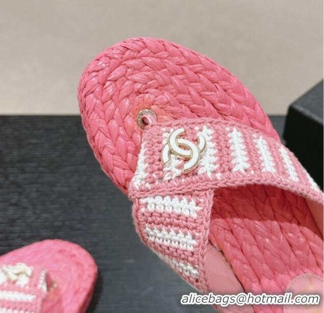 Popular Style Chanel Knit Flat Thong Slides Sandal Pink/White 701130