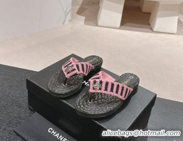 Cheap Price Chanel Knit Flat Thong Slides Sandal Pink/Black 701131