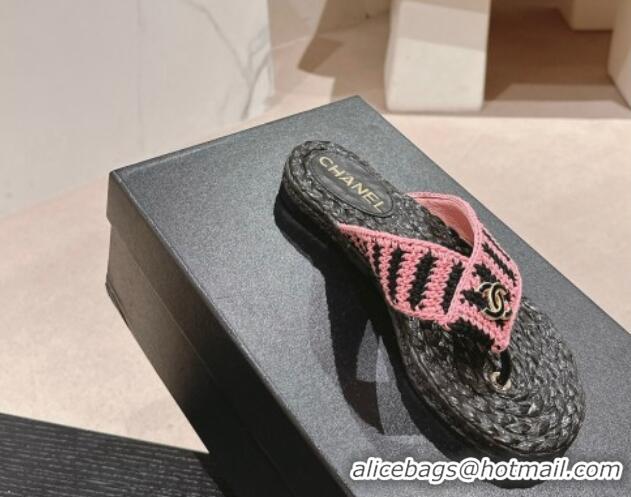 Cheap Price Chanel Knit Flat Thong Slides Sandal Pink/Black 701131