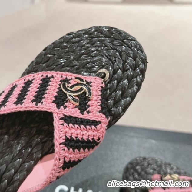 Cheap Price Chanel Knit Flat Thong Slides Sandal Pink/Black 701131