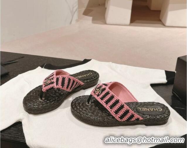 Cheap Price Chanel Knit Flat Thong Slides Sandal Pink/Black 701131