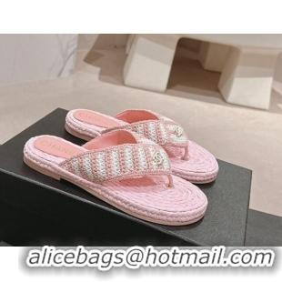 Good Looking Chanel Knit Flat Thong Slides Sandal Light Pink/White 701132