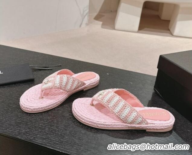 Good Looking Chanel Knit Flat Thong Slides Sandal Light Pink/White 701132