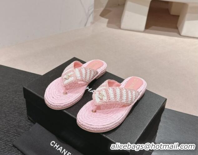 Good Looking Chanel Knit Flat Thong Slides Sandal Light Pink/White 701132