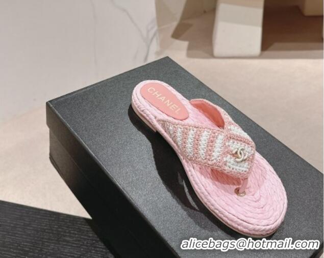 Good Looking Chanel Knit Flat Thong Slides Sandal Light Pink/White 701132