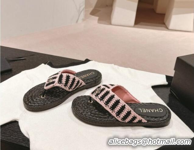 Best Grade Chanel Knit Flat Thong Slides Sandal Light Pink/Black 701133