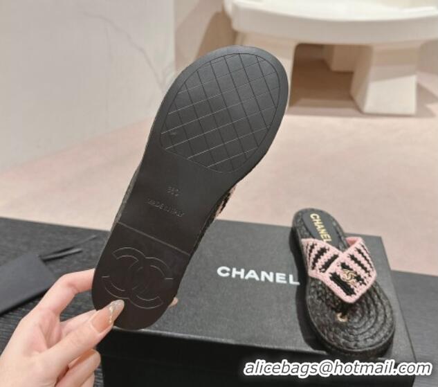 Best Grade Chanel Knit Flat Thong Slides Sandal Light Pink/Black 701133