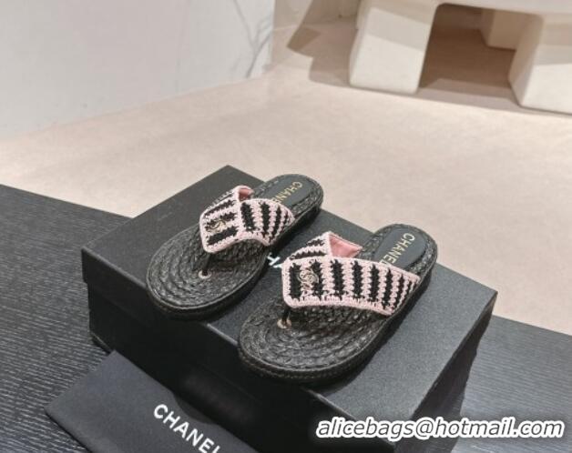 Best Grade Chanel Knit Flat Thong Slides Sandal Light Pink/Black 701133