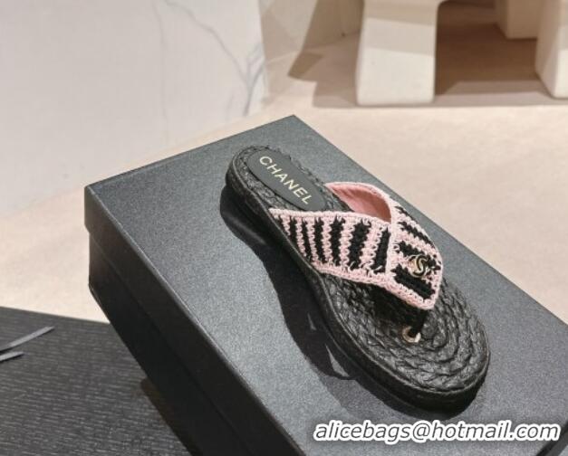 Best Grade Chanel Knit Flat Thong Slides Sandal Light Pink/Black 701133