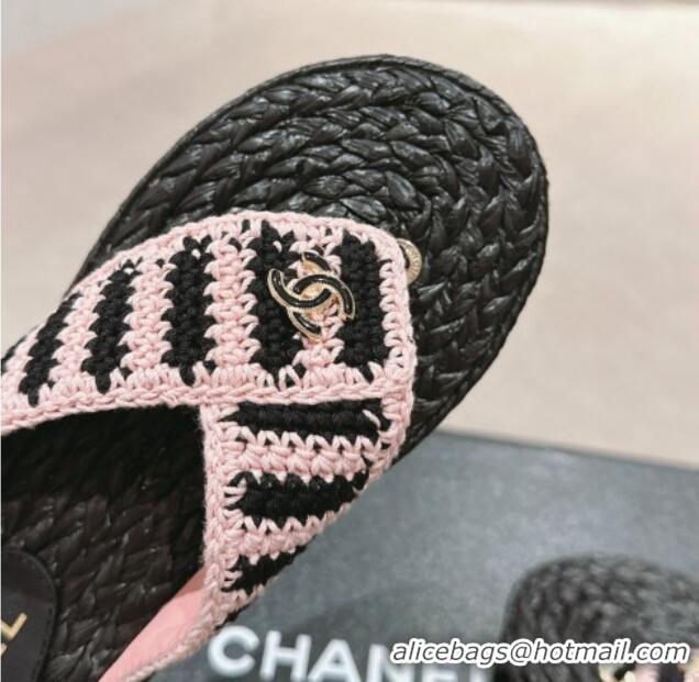 Best Grade Chanel Knit Flat Thong Slides Sandal Light Pink/Black 701133