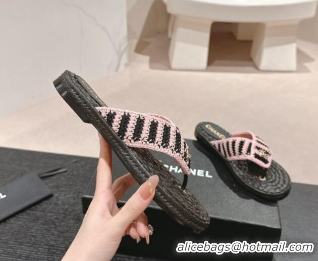 Best Grade Chanel Knit Flat Thong Slides Sandal Light Pink/Black 701133