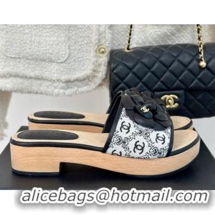 Popular Style Chanel CC Print Canvas Heel Slides Sandal 4cm with Camellia Bloom Black 701134