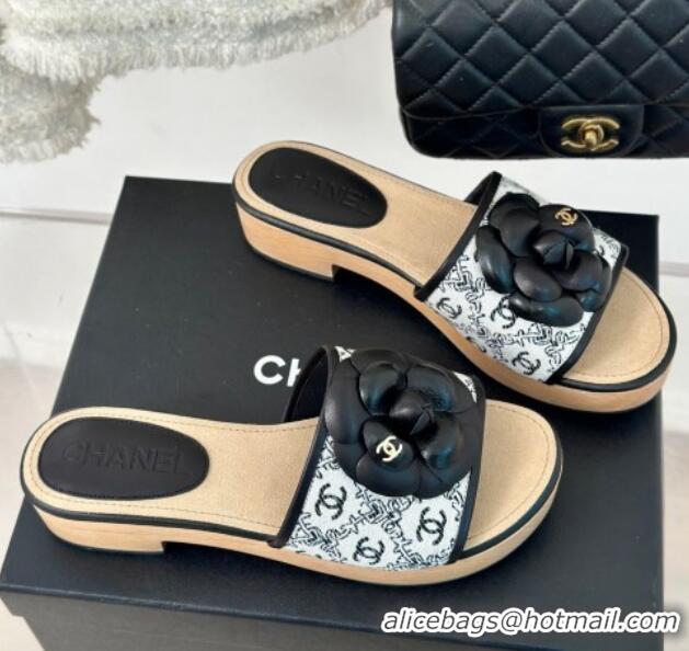 Popular Style Chanel CC Print Canvas Heel Slides Sandal 4cm with Camellia Bloom Black 701134