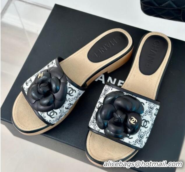 Popular Style Chanel CC Print Canvas Heel Slides Sandal 4cm with Camellia Bloom Black 701134