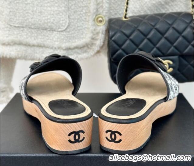 Popular Style Chanel CC Print Canvas Heel Slides Sandal 4cm with Camellia Bloom Black 701134