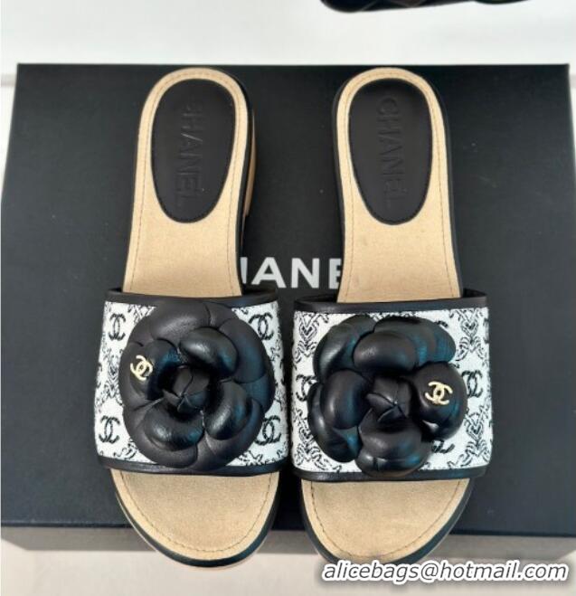 Popular Style Chanel CC Print Canvas Heel Slides Sandal 4cm with Camellia Bloom Black 701134