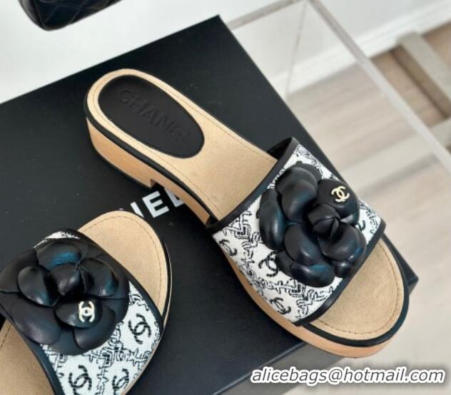 Popular Style Chanel CC Print Canvas Heel Slides Sandal 4cm with Camellia Bloom Black 701134