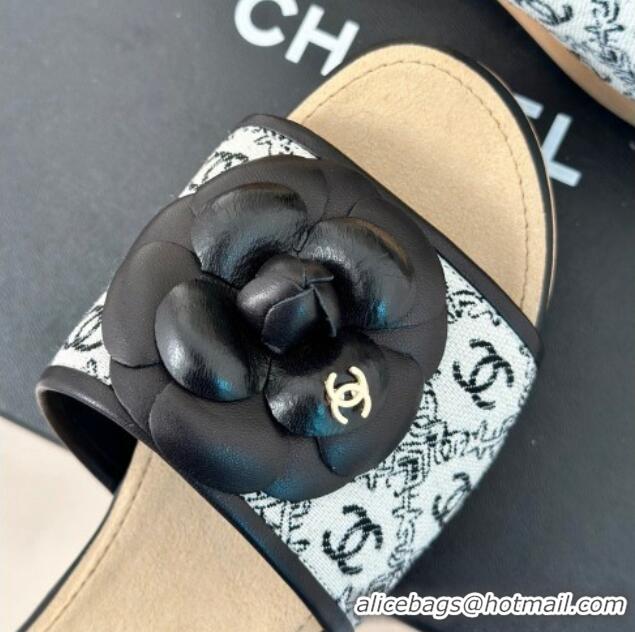 Popular Style Chanel CC Print Canvas Heel Slides Sandal 4cm with Camellia Bloom Black 701134