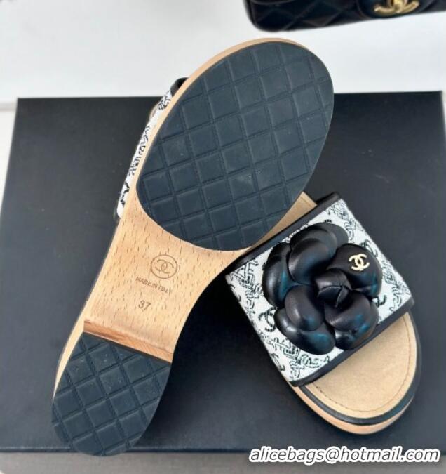 Popular Style Chanel CC Print Canvas Heel Slides Sandal 4cm with Camellia Bloom Black 701134