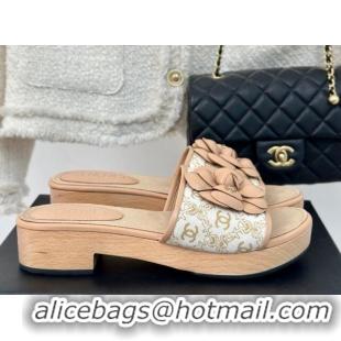 Top Design Chanel CC Print Canvas Heel Slides Sandal 4cm with Camellia Bloom Beige 701135