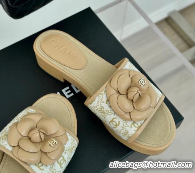 Top Design Chanel CC Print Canvas Heel Slides Sandal 4cm with Camellia Bloom Beige 701135