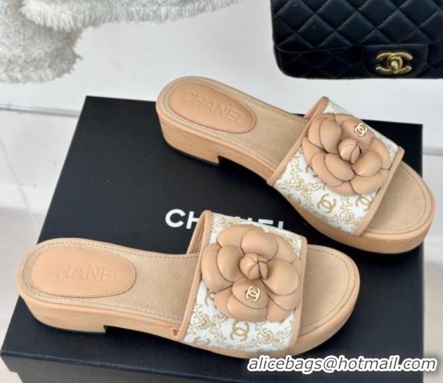 Top Design Chanel CC Print Canvas Heel Slides Sandal 4cm with Camellia Bloom Beige 701135