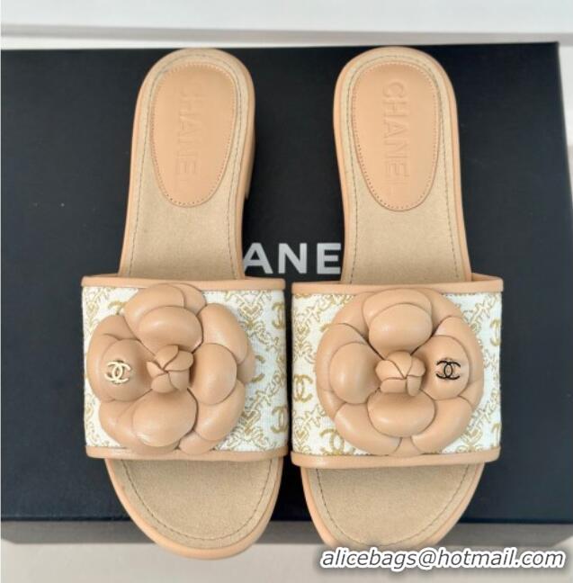 Top Design Chanel CC Print Canvas Heel Slides Sandal 4cm with Camellia Bloom Beige 701135