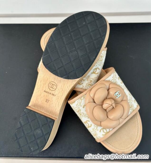 Top Design Chanel CC Print Canvas Heel Slides Sandal 4cm with Camellia Bloom Beige 701135