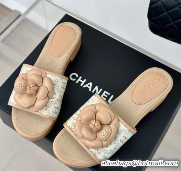 Top Design Chanel CC Print Canvas Heel Slides Sandal 4cm with Camellia Bloom Beige 701135