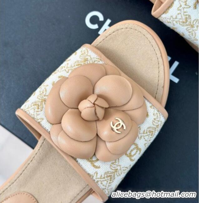 Top Design Chanel CC Print Canvas Heel Slides Sandal 4cm with Camellia Bloom Beige 701135